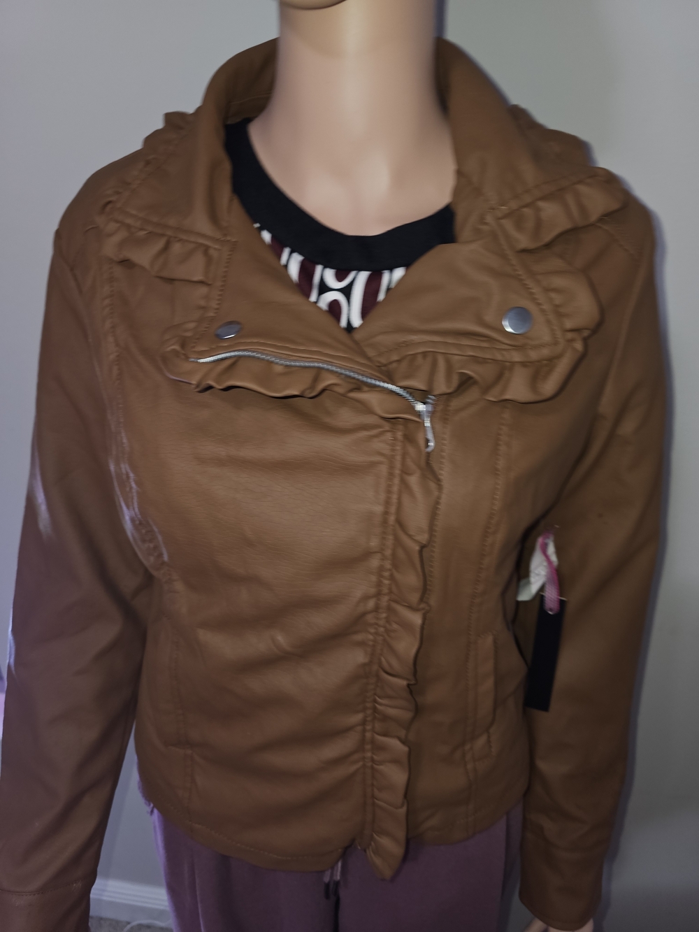 Pink Platinum Tan Ruffled Faux Leather Moto Jacket